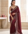Maroon Satin Saree with Zari Weaving & Siroski Border | RD TANISHKA