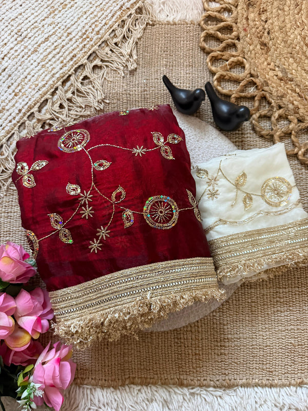 Maroon Space Satin Sequin Bits Work Saree for Party Wear | RD RAADO