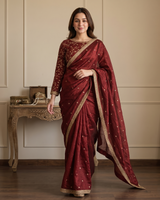 Maroon Space Satin Sequin Saree with Mirror Lace Border | RD SANVI