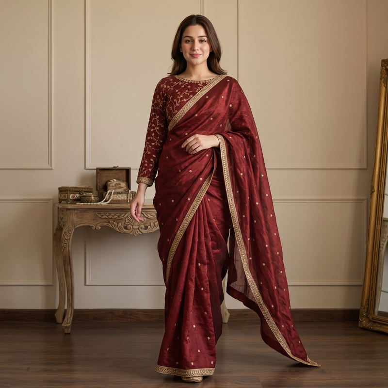 Maroon Space Satin Sequin Saree with Mirror Lace Border | RD SANVI