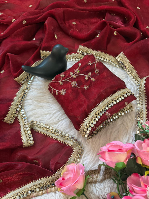 Maroon Space Satin Sequin Saree with Mirror Lace Border | RD SANVI