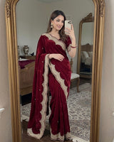 Marooon Satin Saree with Gold Embroidery & Pearl Work Border | RD KAVITA