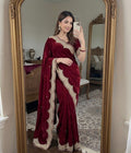 Marooon Satin Saree with Gold Embroidery & Pearl Work Border | RD KAVITA