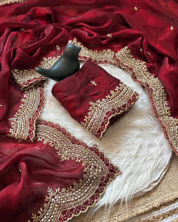 Marooon Satin Saree with Gold Embroidery & Pearl Work Border | RD KAVITA