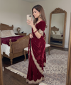 Marooon Satin Saree with Gold Embroidery & Pearl Work Border | RD KAVITA