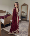 Marooon Satin Saree with Gold Embroidery & Pearl Work Border | RD KAVITA