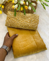 Mustard Satin Bollywood Saree with Moti Work Designer Blouse | RD DIVISHA