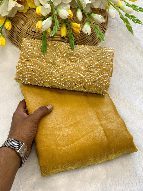 Mustard Satin Bollywood Saree with Moti Work Designer Blouse | RD DIVISHA detail view
