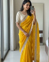Mustard Yellow Space Satin Sequence Work Saree for Party & Wedding | RD APEXA