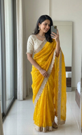Mustard Yellow Space Satin Sequence Work Saree for Party & Wedding | RD APEXA