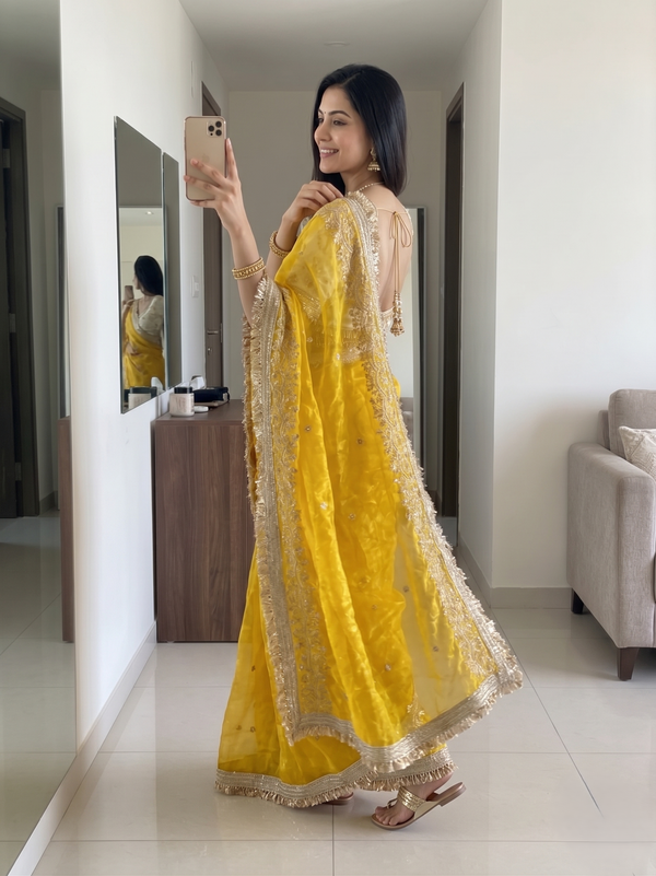 Mustard Yellow Space Satin Sequence Work Saree for Party & Wedding | RD APEXA