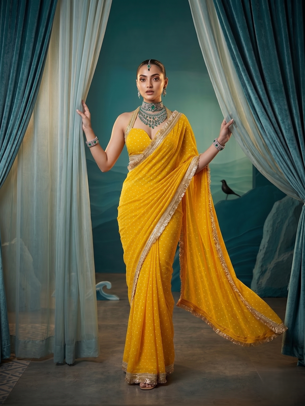 Musturd Yellow Moss Satin Saree with Maharani Big Border | RD PRIYA detail view