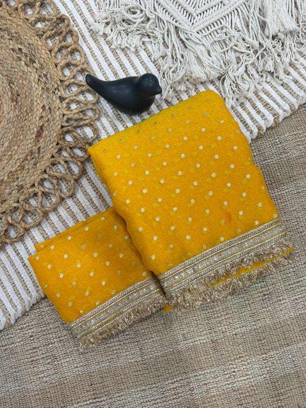 Musturd Yellow Moss Satin Saree with Maharani Big Border | RD PRIYA