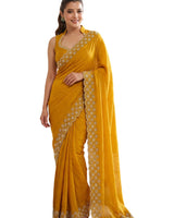 Musturd Yellow Satin Saree with Zari Weaving & Siroski Border | RD TANISHKA