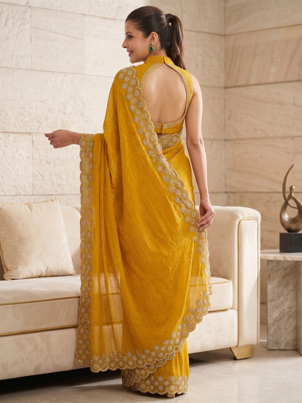 Musturd Yellow Satin Saree with Zari Weaving & Siroski Border | RD TANISHKA