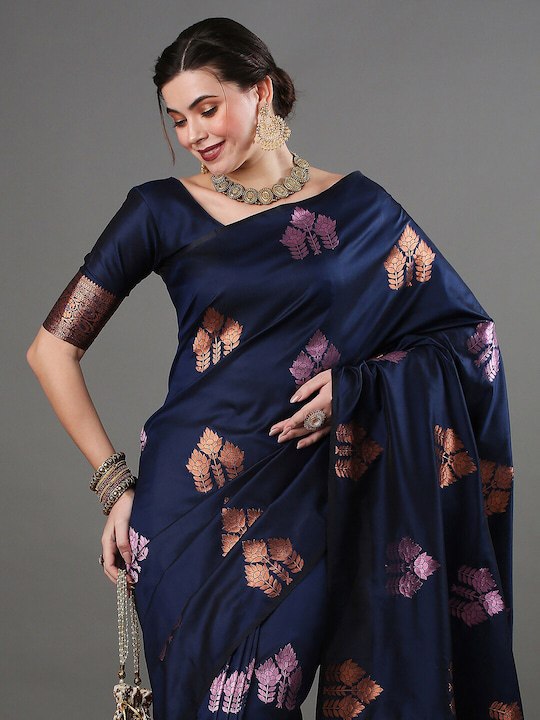 Navy Blue Banarasi Silk Saree | Ethnic Wear for Women