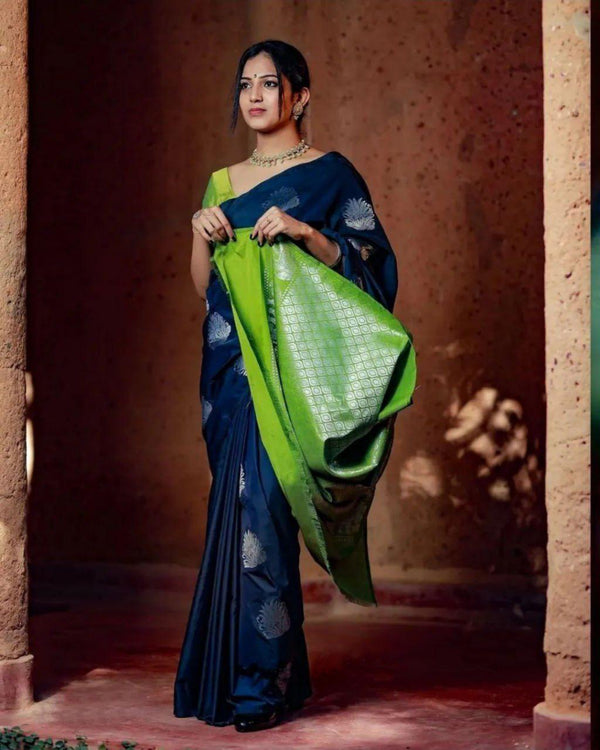 Navy Blue Banarasi Silk Saree | Festival & Ceremony Wear