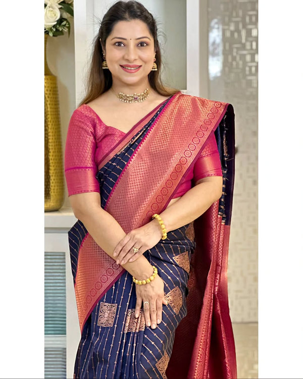 Navy Blue Banarasi Silk Saree | Festive & Party Wear
