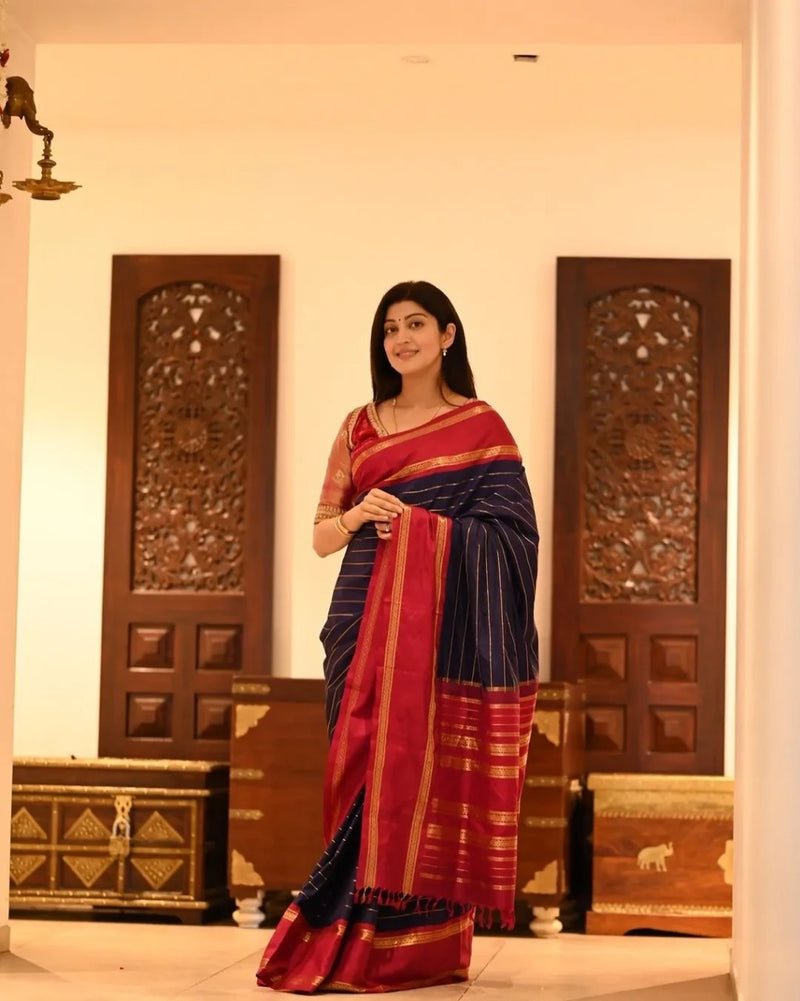 Navy Blue Banarasi Silk Saree | Traditional Wedding Wear