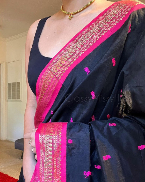 Navy Blue Banarasi Silk Saree | Wedding & Festive Wear