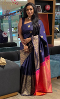 Navy Blue Banarasi Silk Saree | Wedding & Reception Wear