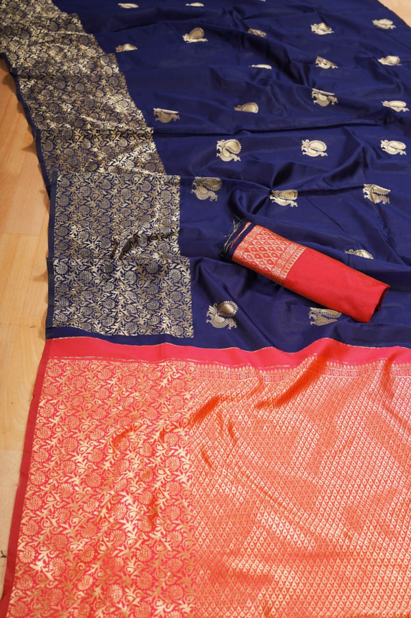Navy Blue Banarasi Silk Saree | Wedding & Reception Wear