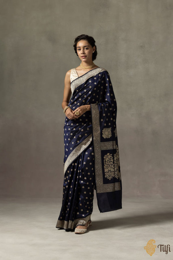 Navy Blue Jacquard Silk Saree | Traditional Wedding Wear detail view