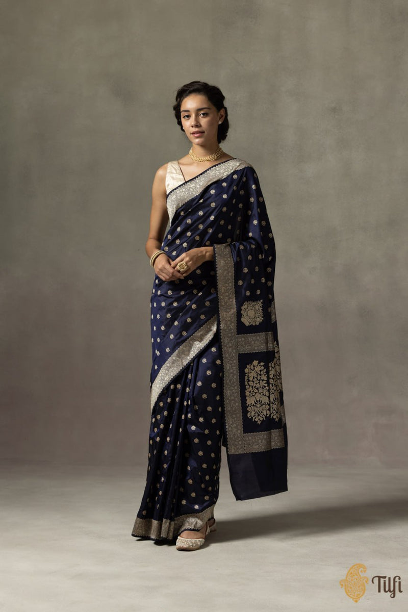 Navy Blue Jacquard Silk Saree | Traditional Wedding Wear