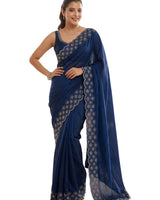 Navy Blue Satin Saree with Zari Weaving & Siroski Border | RD TANISHKA