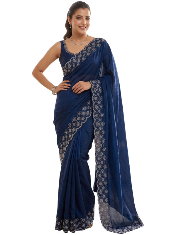 Navy Blue Satin Saree with Zari Weaving & Siroski Border | RD TANISHKA detail view