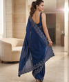Navy Blue Satin Saree with Zari Weaving & Siroski Border | RD TANISHKA