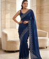 Navy Blue Satin Saree with Zari Weaving & Siroski Border | RD TANISHKA