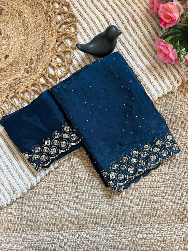 Navy Blue Space Silk Jarkan Work Saree for Wedding & Party | RD TAMANAH detail view