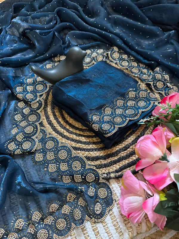 Navy Blue Space Silk Jarkan Work Saree for Wedding & Party | RD TAMANAH