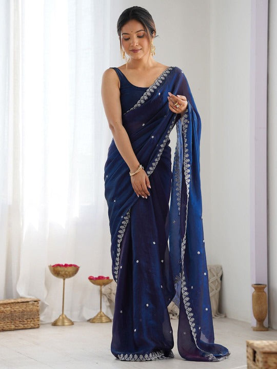 Navy Blue Space Silk Sequin Embroidery Saree for Party Wear | RD KAVYA detail view