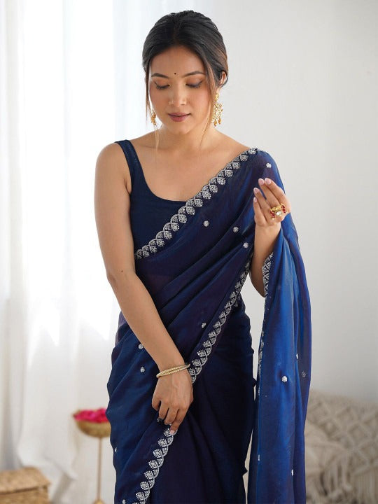 Navy Blue Space Silk Sequin Embroidery Saree for Party Wear | RD KAVYA
