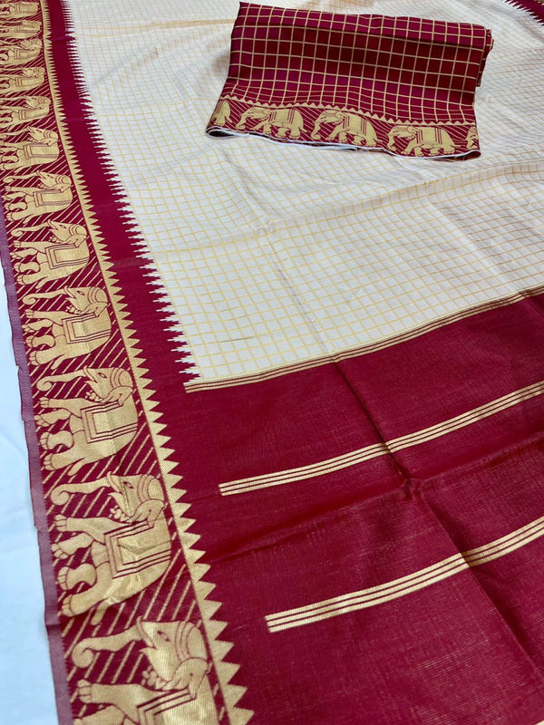 Off White Banarasi Silk Saree | Durga Puja Special