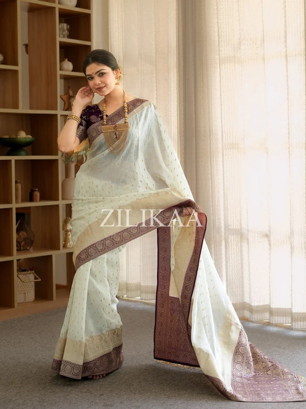 Off White Banarasi Silk Saree | Ethnic Wear for Women detail view