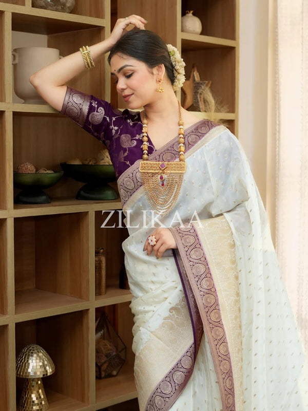 Off White Banarasi Silk Saree | Ethnic Wear for Women