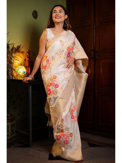 Off White Banarasi Silk Saree | Festive & Party Wear