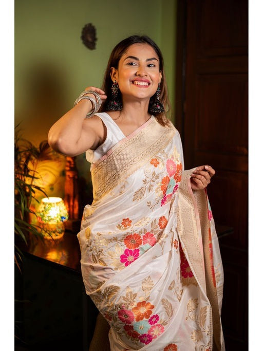 Off White Banarasi Silk Saree | Festive & Party Wear