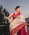 Off White Banarasi Silk Saree | Traditional Puja Wear