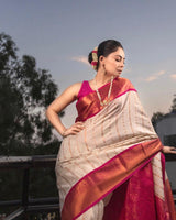Off White Banarasi Silk Saree | Traditional Puja Wear