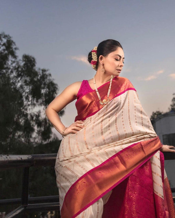 Off White Banarasi Silk Saree | Traditional Puja Wear