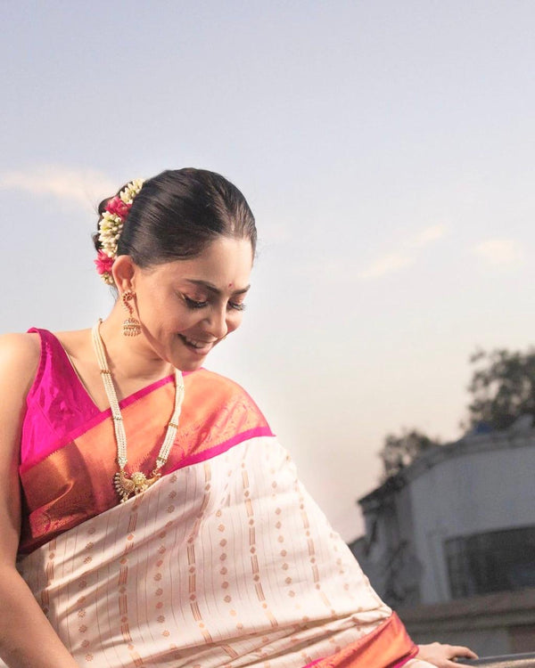 Off White Banarasi Silk Saree | Traditional Puja Wear