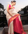 Off White Banarasi Silk Saree | Traditional Puja Wear