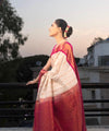 Off White Banarasi Silk Saree | Traditional Puja Wear