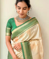 Off White-green Banarasi Silk Saree | Wedding & Festive Wear
