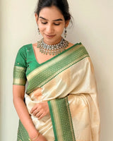 Off White-green Banarasi Silk Saree | Wedding & Festive Wear