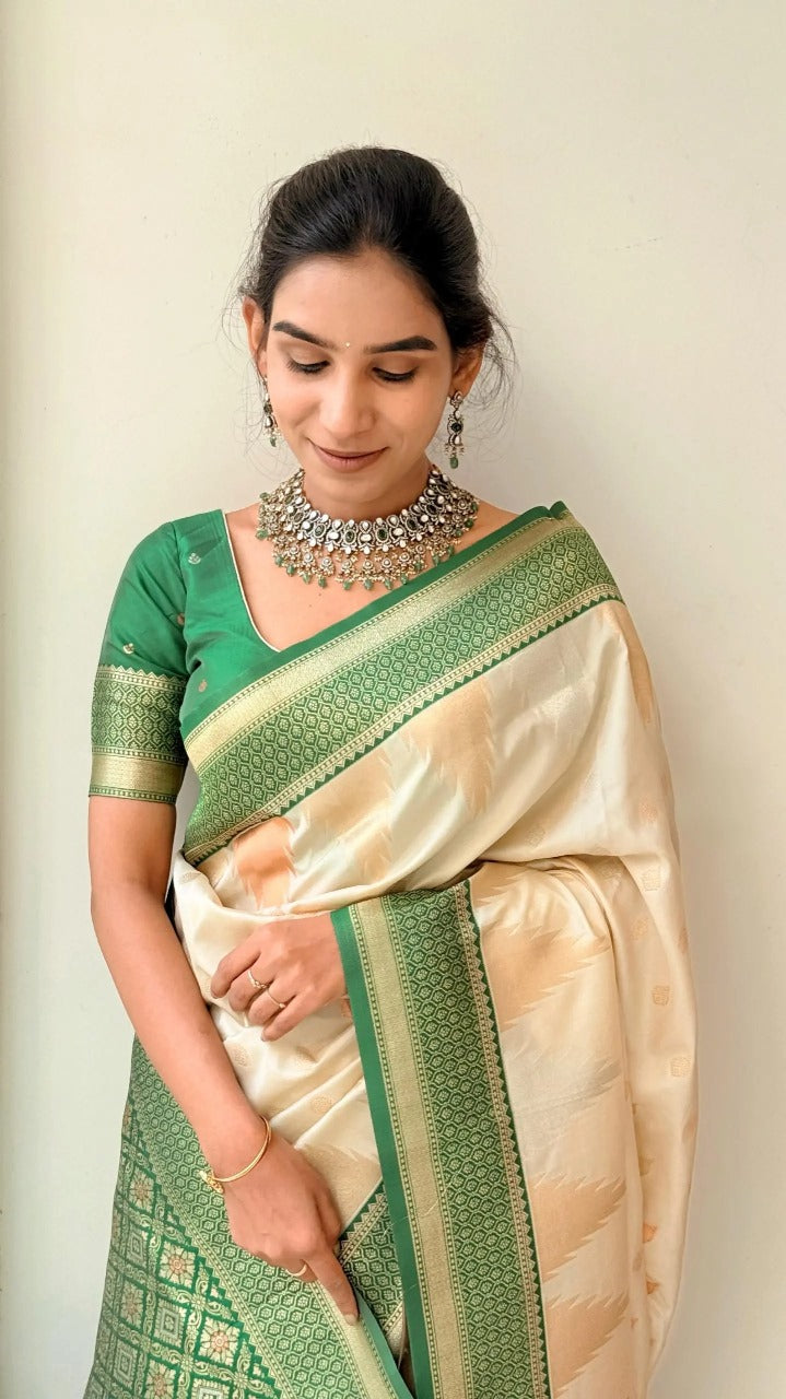 Off White-green Banarasi Silk Saree | Wedding & Festive Wear